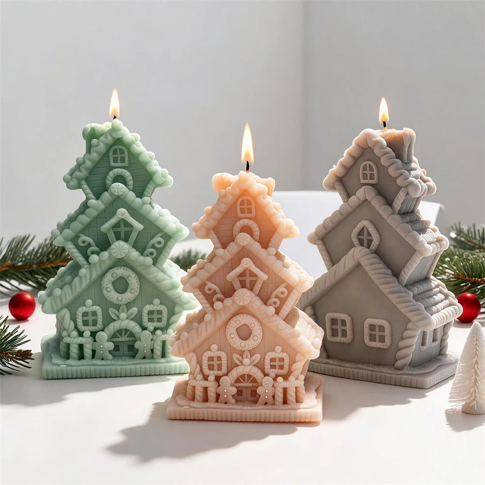3D Multi-Tier Gingerbread House Christmas Tree Silicone Candle Mold