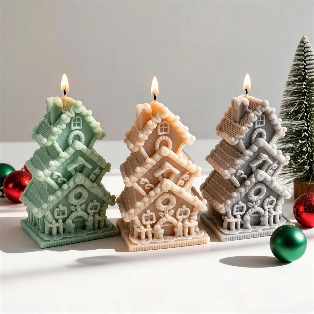 3D Multi-Tier Gingerbread House Christmas Tree Silicone Candle Mold