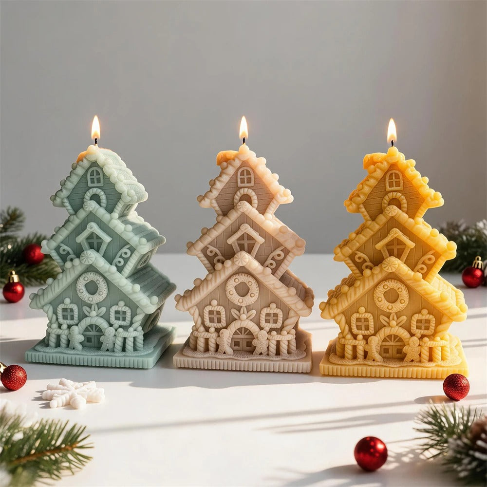 3D Multi-Tier Gingerbread House Christmas Tree Silicone Candle Mold